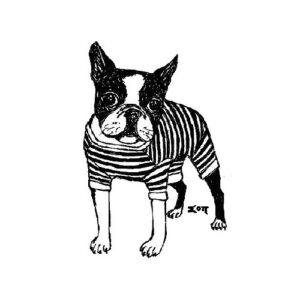 black and white sketch pug dog dressed in striped bodysuit