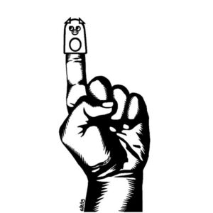 black and white sketch activist's finger with pig finger puppet invitation to act